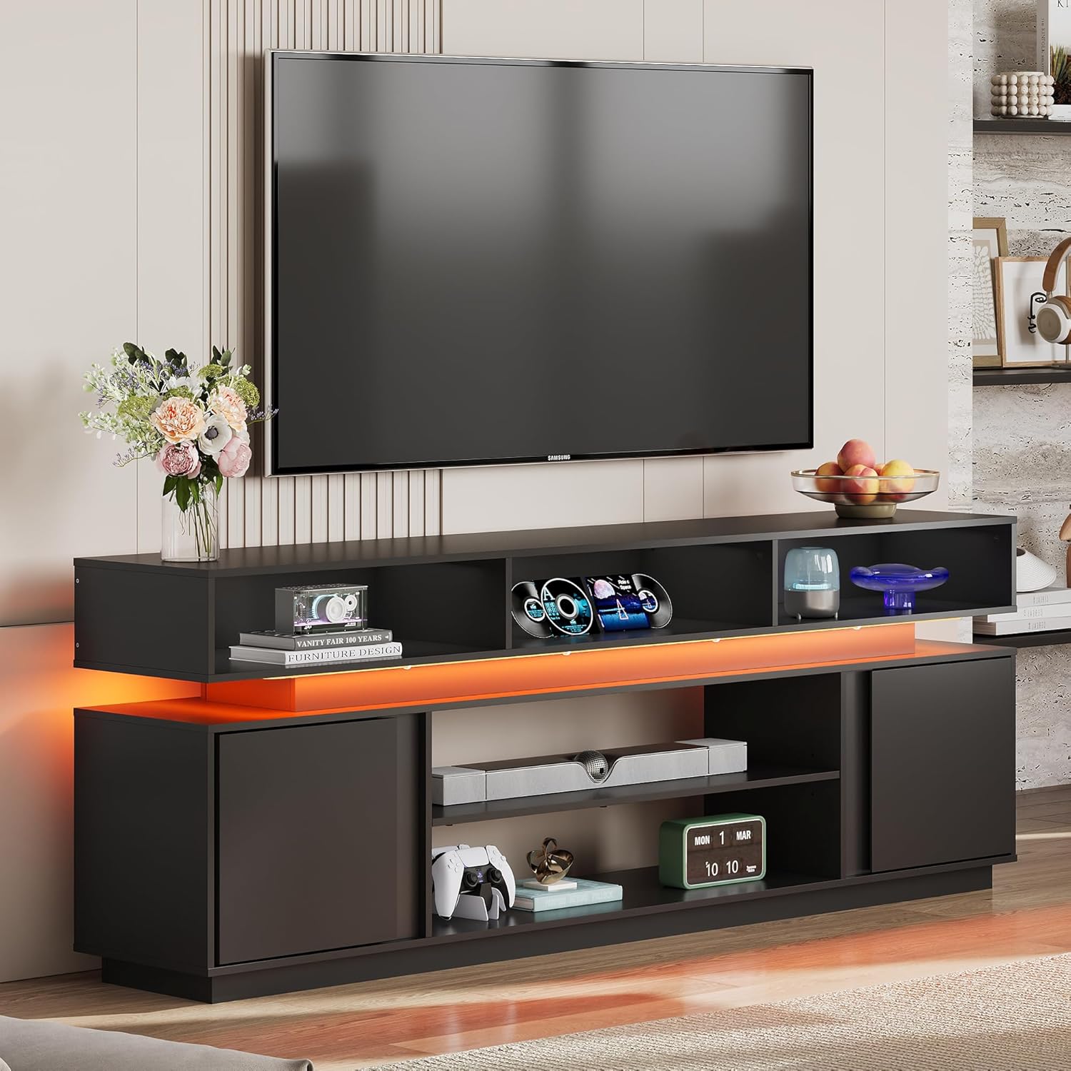 Gaming Console Cabinet - モダンなテレビスタンド 75インチ エンターテイメントセンター RGB LEDライト 収納キャビネット