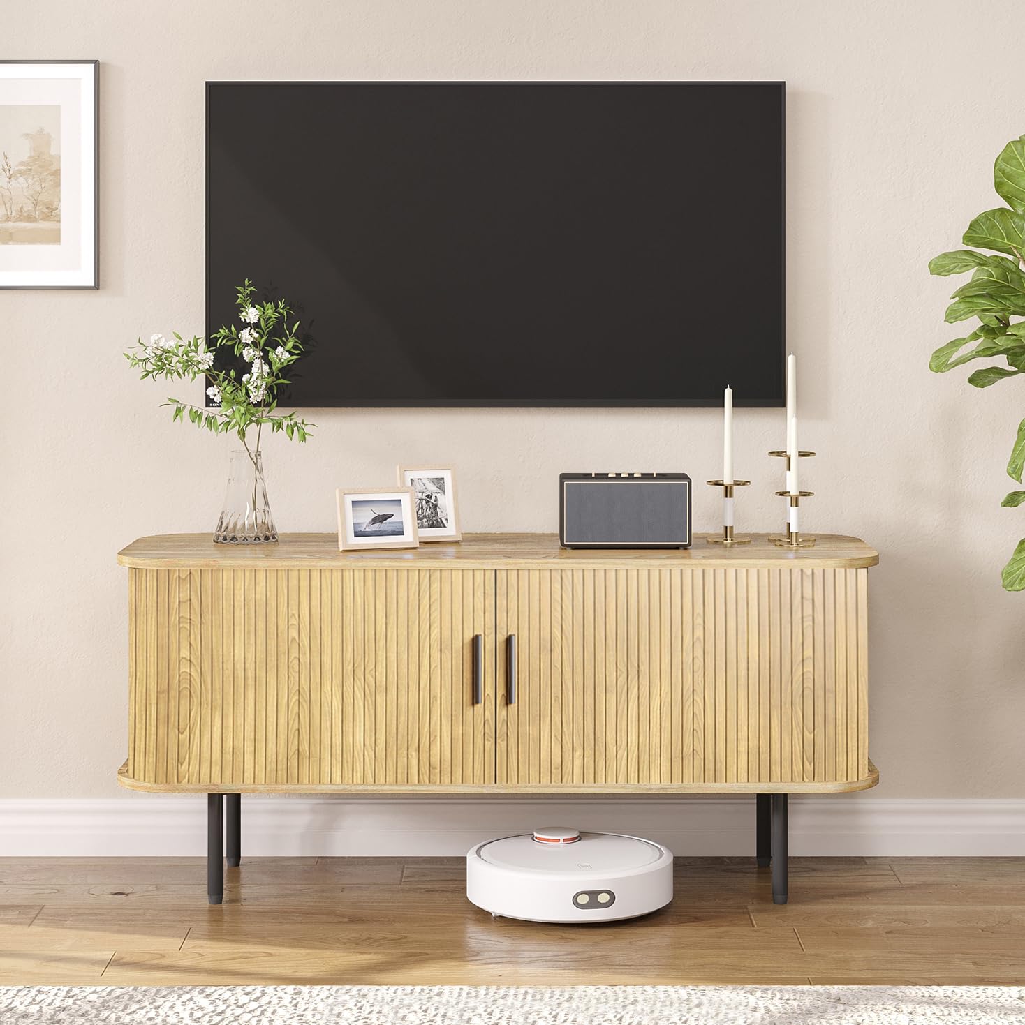 Gaming Console Cabinet - 60インチテレビ用ナチュラルな溝付きテレビスタンド、ゲーミングエンターテインメントセンター、タンブールスライドドア収納キャビネット、メディアコンソール、リビングルーム用