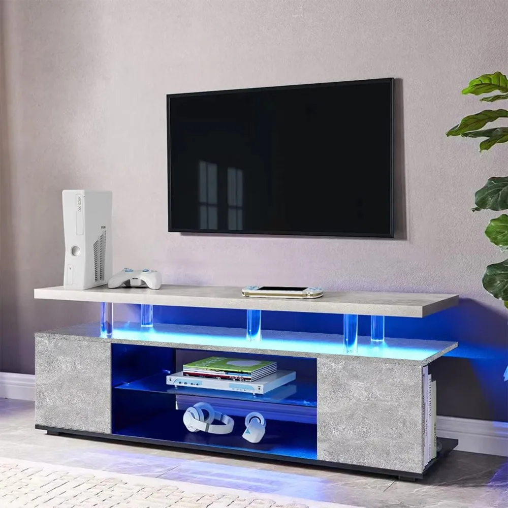 Gaming Console Cabinet - 70インチテレビ用テレビ台 LEDゲーミングエンターテイメントセンター メディア収納コンソールテーブル リビングルーム用大型サイドキャビネット付き グレー