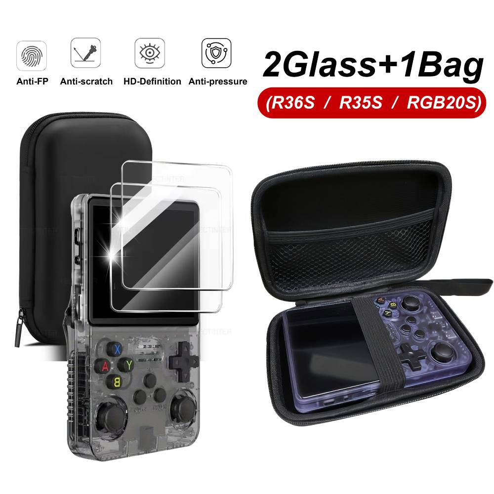 Gaming Console R36S - 3 in 1収納バッグ+R36Sゲーム機用強化ガラスフィルム、旅行用キャリング収納バッグ、R36Sアクセサリー用スクリーンプロテクター