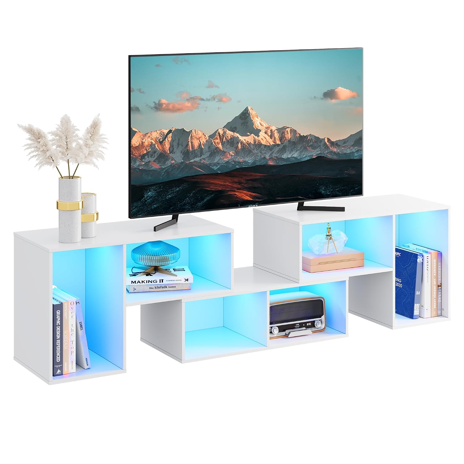 Gaming Console Cabinet - 変形可能なテレビスタンド、LEDストリップ付き、モダンなエンターテイメントセンター、ゲーミングメディアコンソールキャビネット、リビングルーム、寝室用、ホワイト、カスタマイズ可能