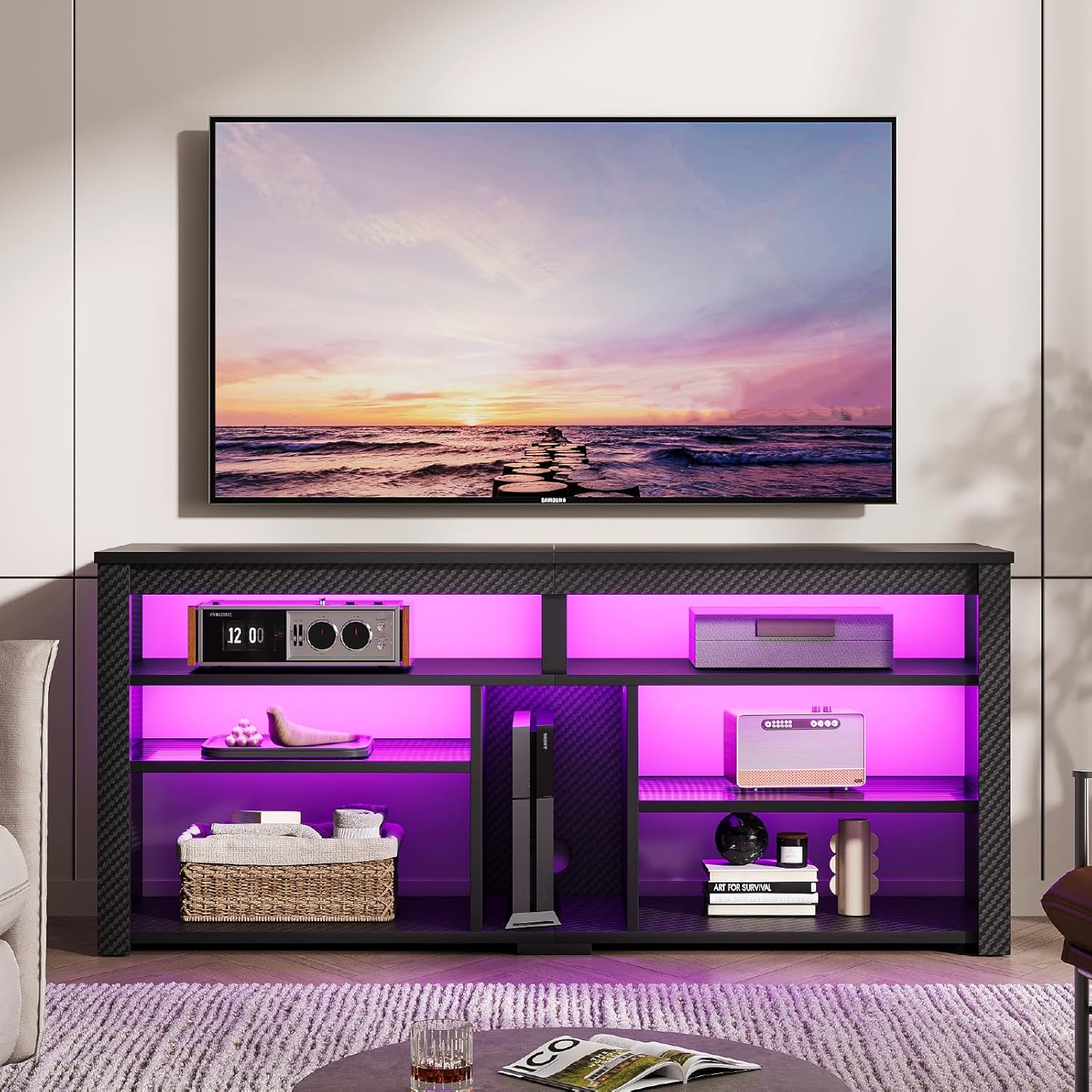 Gaming Console Cabinet - LEDテレビスタンド ゲーム機収納 調節可能な棚 キャビネット リビングルーム 寝室