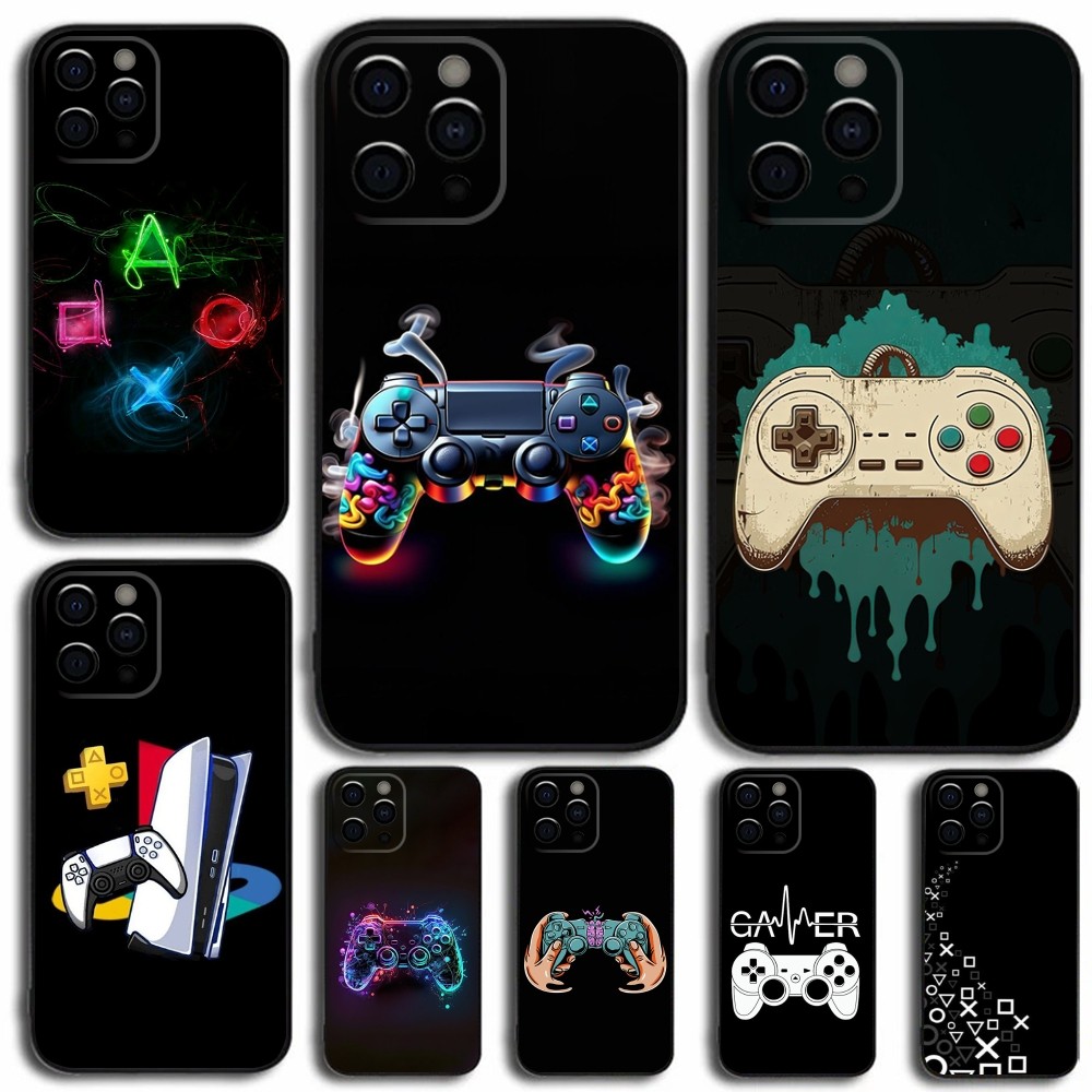 Gaming Console Cartoon - ゲームコンソールゲームパッドゲーマープレイ電話ケース iPhone 16、15、14、13、12、11、プロ、X、XS、マックス、XR、プラス、ミニソフトブラックカバー