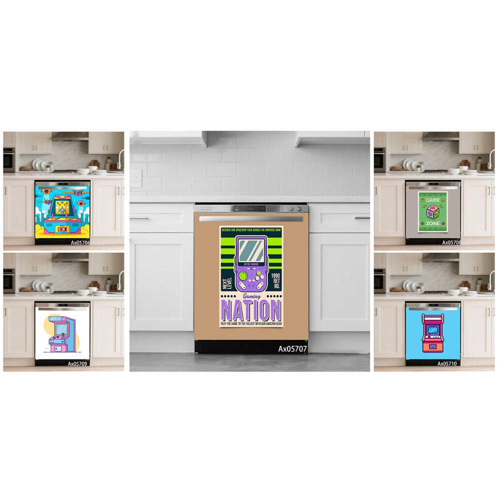 Gaming Console Cabinet - 90年代レトロピクセルゲームアーケードコンソール食器洗い機ドアステッカー自己粘着ティーンゲーマーゲームルームキャビネット洗濯機装飾壁紙