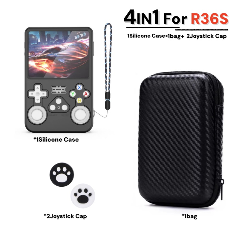 Gaming Console R36S - R36Sゲーム機用収納バッグ＆ジョイスティックキャップ＆ゲームアクセサリー用シリコンケース（4 in 1）