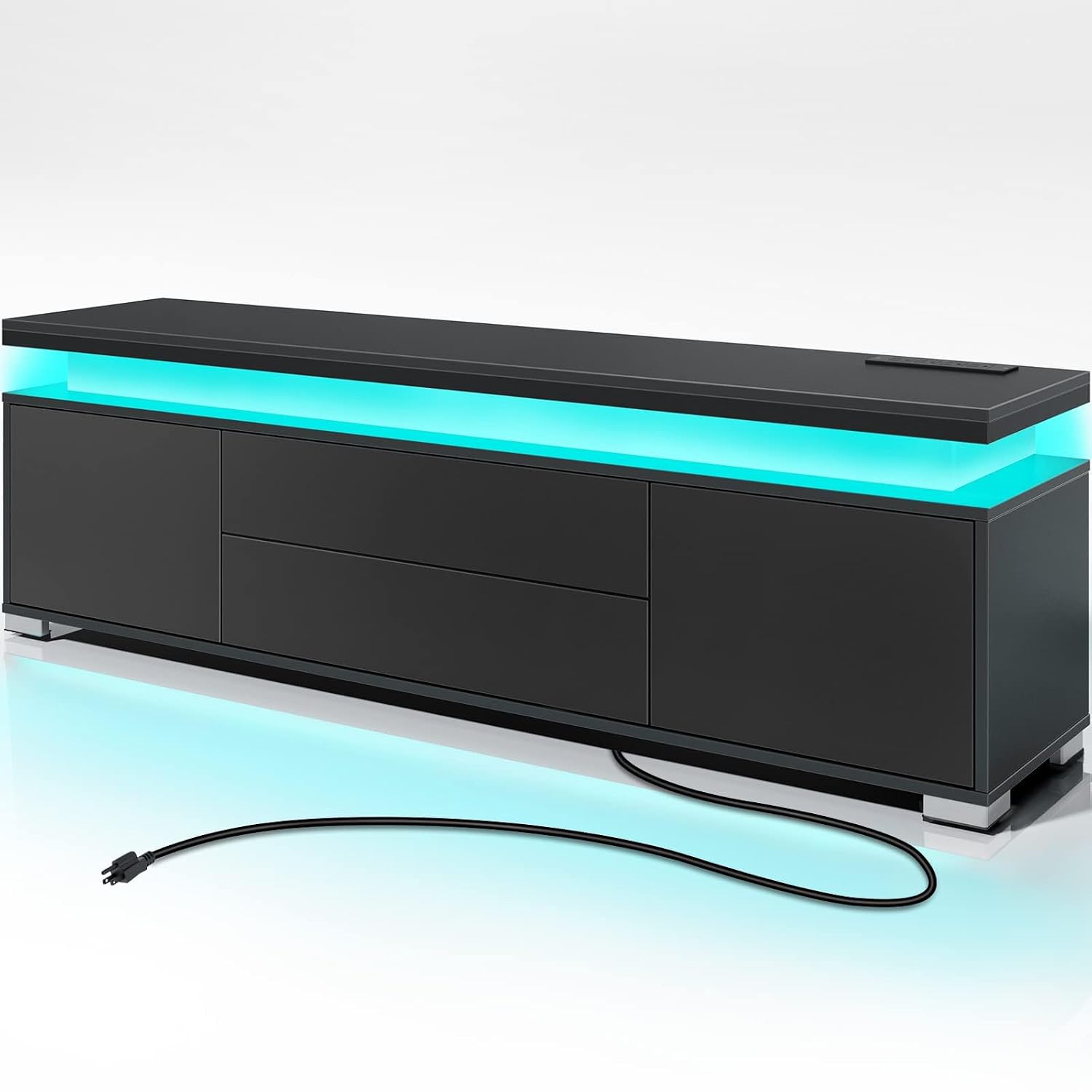 Gaming Console Cabinet - 電源コンセントとLEDライト付きテレビスタンド、32～65インチテレビ用エンターテインメントセンター、収納キャビネット付きゲーミングメディアコンソール、ブラック