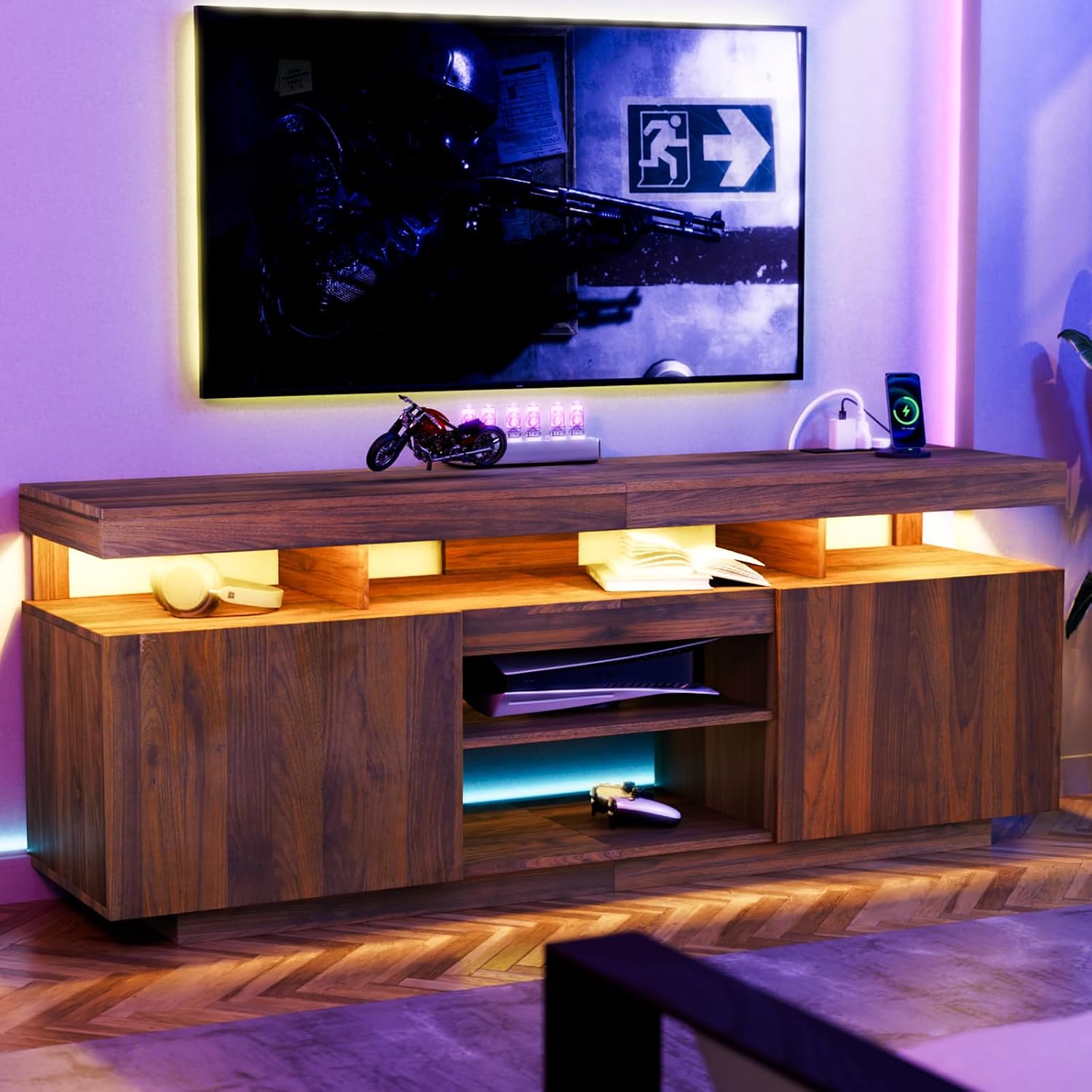 電源コンセントとLEDライト付きLEDテレビスタンド、エンタ - Gaming Console Cabinet のレビューと価格